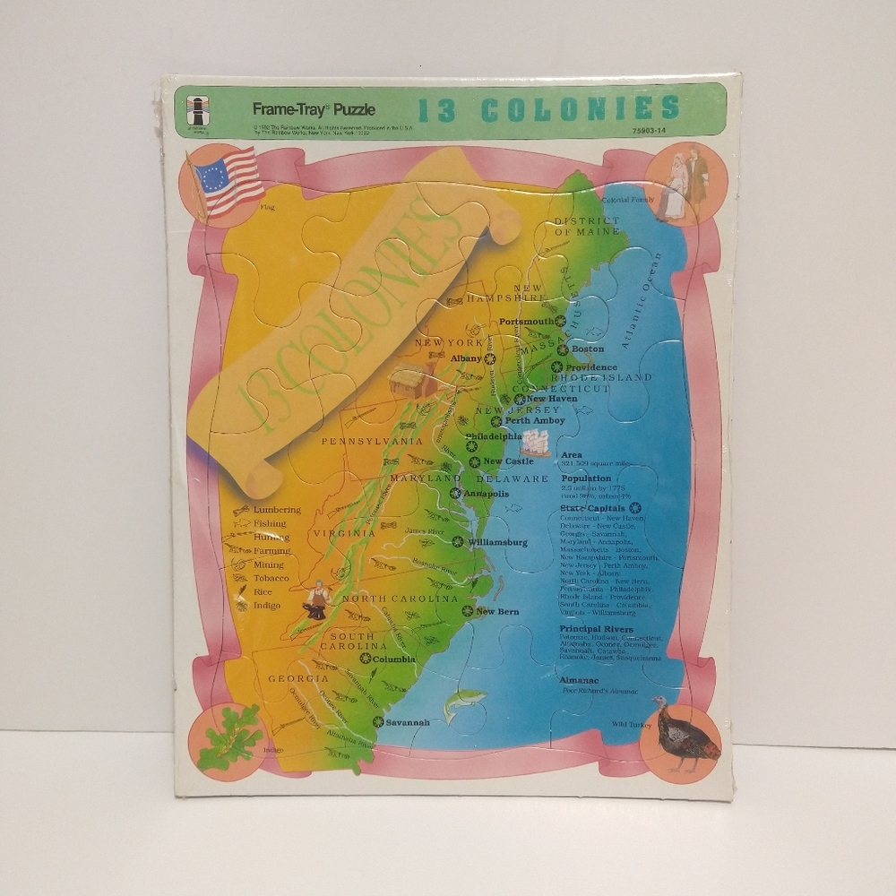 Vintage 1992 Unopened Frame-Tray Kids Puzzle by Rainbow Works US 13 Colonies